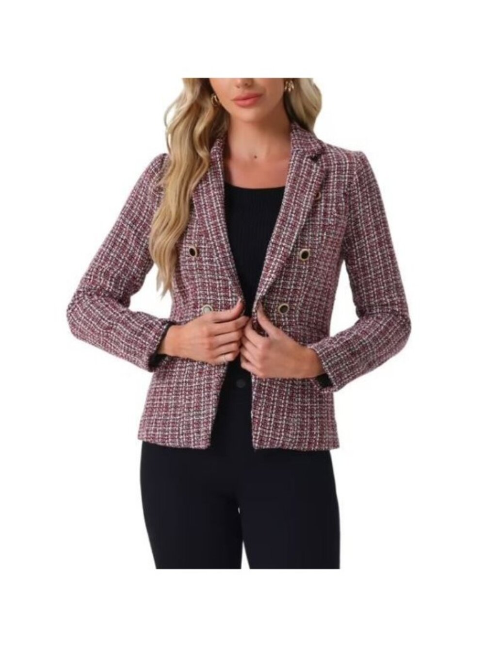 Allegra K Plaid Tweed Blazer Jacket Size Large  Double-Breasted Red Black White